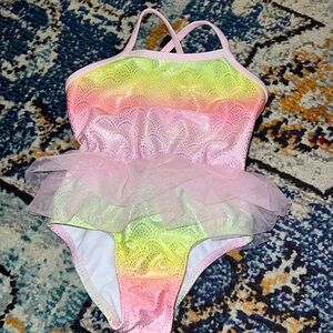 Wondernation 12 mo rainbow metallic mermaid one piece swimsuit w/ pink 360• tutu